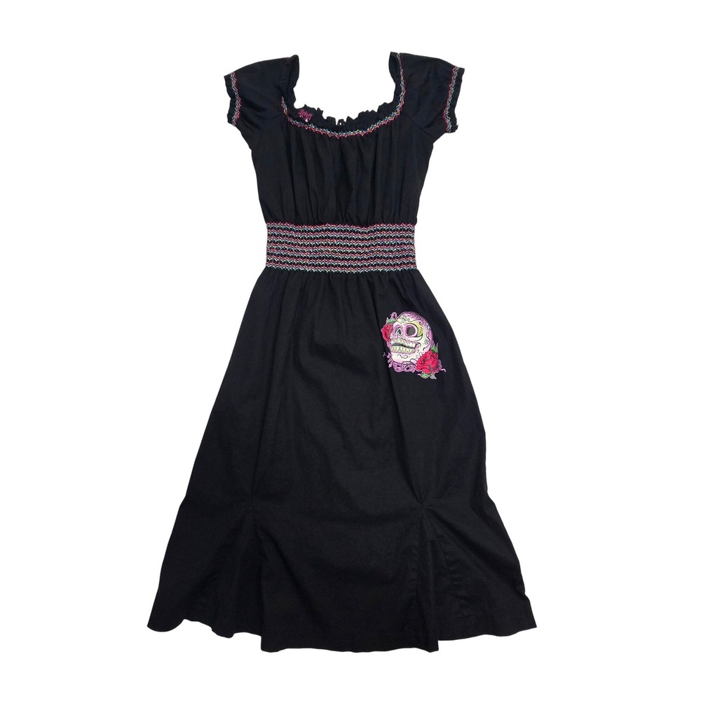 Lucky 13 Apparel Womens Black Sugar Skull Embroidery Smocked‎ Midi Dress Large